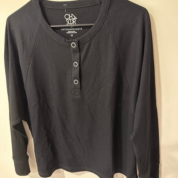 Anthropologie Chaser black ribbed henley button front long sleeve top - Picture 2 of 4